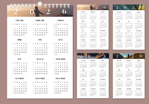 Calendar Set For 2026 To 2029 Years Template
