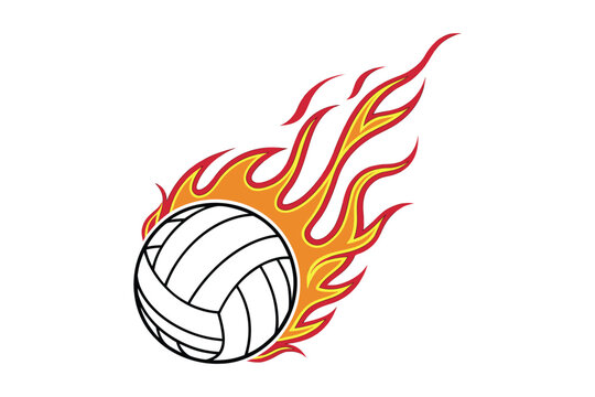 Volleyball with fiery flames bursting from it representing intense action and passion for the sport isolated on white background silhouette