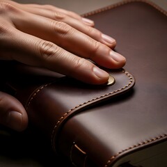 Close-up of a hand closing a textured leather-bound journal.