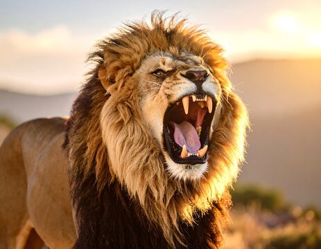 Majestic male lion roaring at sunset, backlit, showcasing its powerful mane and sharp teeth - Powered by Adobe