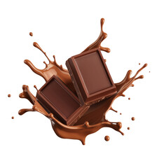 chocolate pieces with splash on white background.