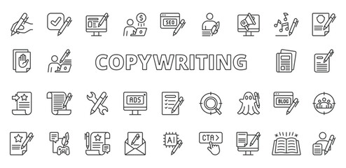 Copywriting icons in line design. Copywriting, content writing, SEO, text, marketing, headline, storytelling on white background vector. Copywriting editable stroke icons