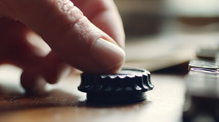 A finger adjusting a vintage control knob.