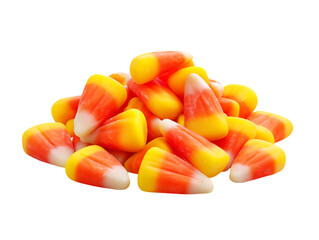Pile of traditional orange yellow and white candy corn for Halloween isolated on a transparent background