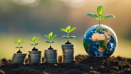 Coin stacks with seedlings and Earth globe on soil, ideal for green economy, business development, and environmental campaigns.