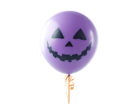 Purple Halloween Balloon with Jack O Lantern Face and Orange Ribbon isolated on a transparent background - Powered by Adobe