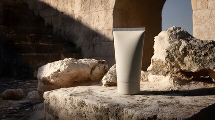 Blank cosmetic tube on a stone surface.