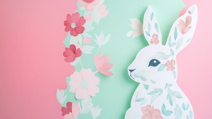 Dreamy paper-cut bunnies paired with delicate florals in soft pink and mint green tones create a warm nursery wall art style.