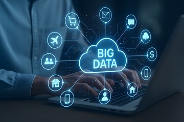 Person using laptop with glowing cloud big data icon connected to virtual symbols of email shopping travel finance phone home and communication