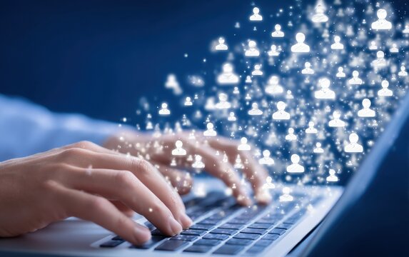 Hands typing on laptop, digital people icons - Powered by Adobe