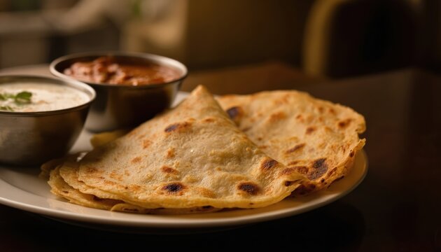 Golden-brown flatbread topped with creamy red sauce on white plate. Gray background creates striking contrast. Vibrant red curry in small bowl adds visual appeal. Blurred figure in background