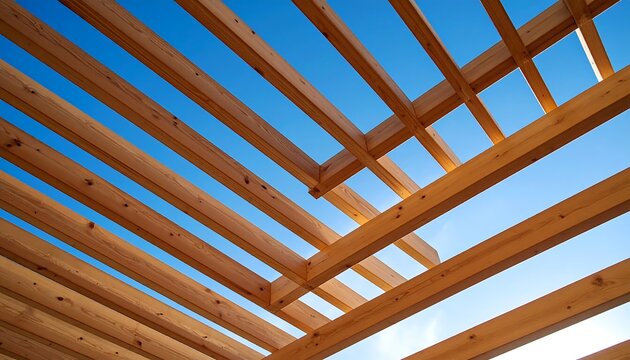 Low-angle view of a wooden lattice structure against a vibrant blue sky