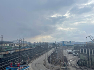 The railway station, freight trains in a cloudy spring day, Murmansk, Russia