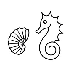 outline seahorse and seashell cartoon