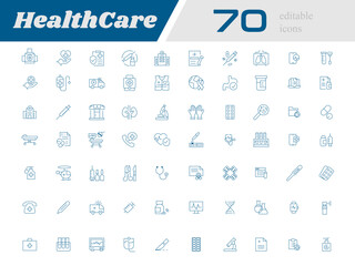 Healthcare icon set | Vector illustration containing medicine, hospital, medical, doctor, pills, clinic, medicine, surgery | Blue color editable icons for social media, presentation, annual report