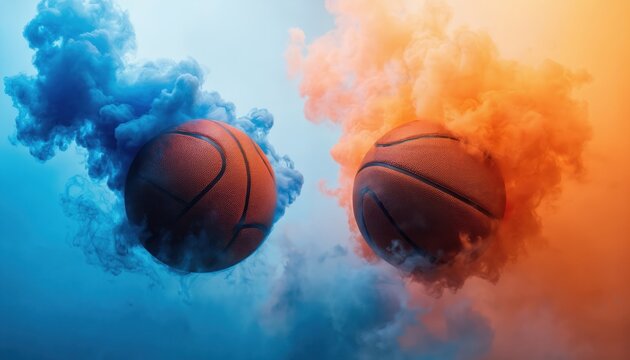 Basketballs suspended in air surrounded by smoke clouds. Foreground ball blurred, larger, dark, background ball smaller, darker. Smoke trails create motion, energy. Blue, orange gradient background - Powered by Adobe