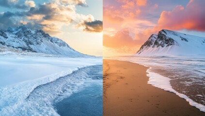 Surreal winter summer split view. Snowy beach path divides landscape with winter snow, cold tones. Sunny beach on right, warm colors. Mountains, sea, sky.