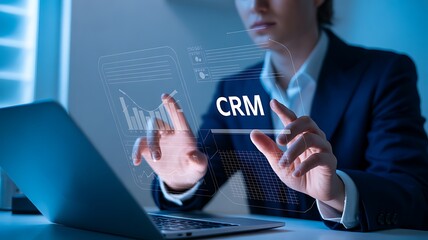 Person interacting with C R M data on a futuristic holographic interface image