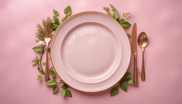 Pink Ceramic Plate with Copper Cutlery and Greenery on Pink Background  Generative AI