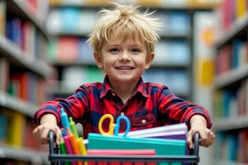 Blond boy wearing a red plaid shirt pushes the shopping cart containing school supplies in front of him.