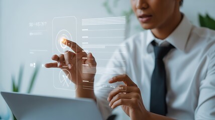 Person interacting with futuristic holographic interface displaying data charts technology