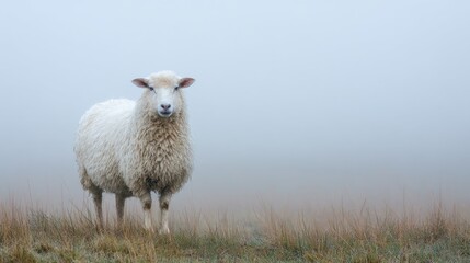 Fototapeta premium Sheep Standing In Misty Field On Foggy Day. Tranquil Rural Scene With Serene Atmosphere