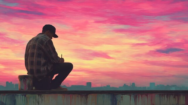A pensive figure sits atop a rooftop, contemplating the vibrant sunset.