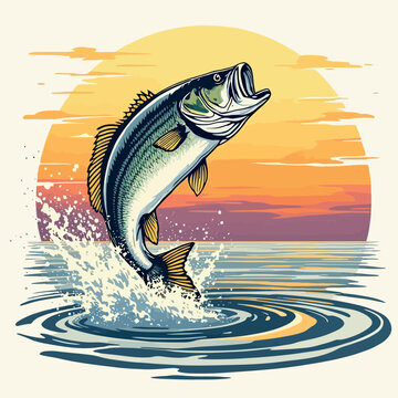 Vsai largemouth bass jumping out of water at sunset