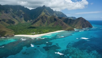 Aerial view of Hawaiian coastline with blue ocean, sandy beaches, and small islands. Dark brown mountains in distance, contrasting with light blue sky and deep blue sea.