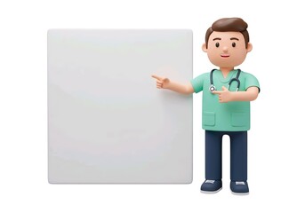caregiver pointing a big blank whiteboard or placard, cartoon 3D illustration, isolated on white background