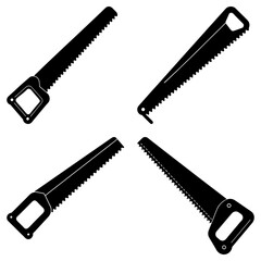 Four black hand saws arranged symmetrically on a white background showing carpentry tools and equipment
