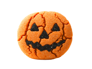 Round orange Halloween cookie with carved jack o lantern face made of black sugar isolated on a transparent background