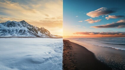 Surreal winter summer split view. Snowy beach path divides landscape with winter snow, cold tones. Sunny beach on right, warm colors. Mountains, sea, sky.