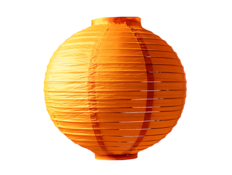 Round orange paper lantern with horizontal pleats and vertical darker orange bands isolated on a transparent background