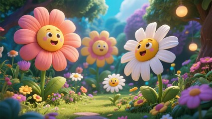 Animated flowers with cheerful faces in a vibrant garden setting