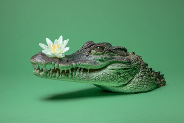 Crocodile with Lily on Green. Crocodile head with a lily on its snout on green background. Ideal for creative design, wildlife, and nature-themed projects.