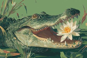 Crocodile and Lily Watercolor Illustration. Artistic crocodile illustration in watercolor style with a lily. Ideal for wildlife-themed designs or nature-inspired decor.