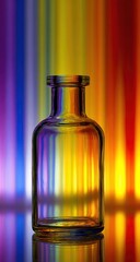 Empty clear bottle reflects vibrant, vertical streaks of warm and cool hues against a reflective surface. Colors blend artistically