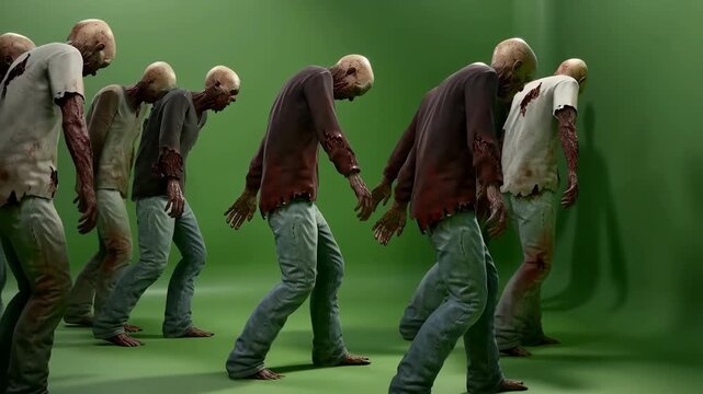 Zombies in jeans shamble across green backdrop for horror game or movie visual effects, displaying decaying creatures with torn clothes in atmospheric studio lighting