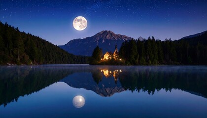 Serene moonlit lake scene with church island, mountain backdrop, and perfect reflection