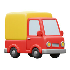 Red and Yellow 3D Rendering Delivery Truck Icon. Clean, Glossy Surface on Transparent Background