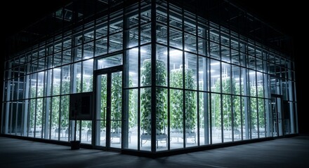 Futuristic indoor farm featuring rows of vertical hydroponic growing towers