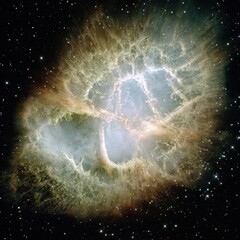 Obraz premium A cosmic cloud of gas and dust, illuminated, exhibiting intricate, filamentary structures and a vibrant palette of yellowish and bluish hues against a backdrop of scattered stars