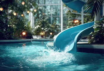 Indoor water park scene featuring a blue waterslide entering a pool, surrounded by lush tropical plants and soft lighting