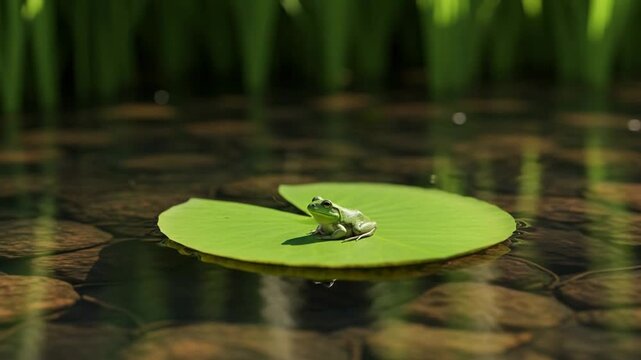 Frog on a lily pad in still water