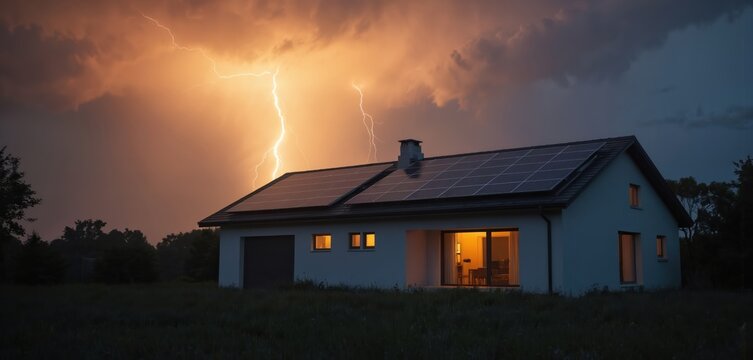 White house with solar panels during thunderstorm at night. Lightning strikes sky, illuminates rich green field with trees. Warm light emanates from windows, garage door. Modern home exterior.