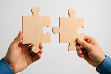 Two hands connecting large wooden puzzle pieces together on white background showing teamwork collaboration and solution concept