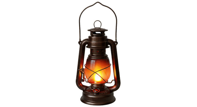 Antique kerosene lantern with a warm glowing flame casting light and shadows isolated on transparent background