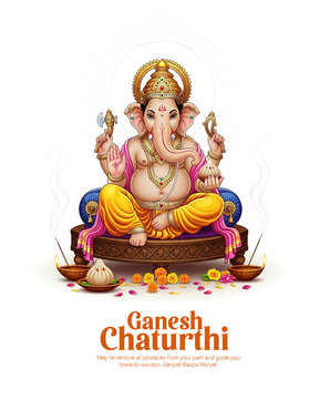 Illustration of Lord Ganesha Celebrating Ganesh Chaturthi with Offerings and D&eacute;cor