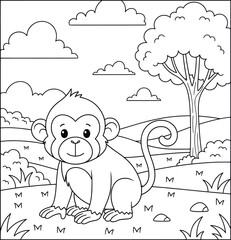 Happy Cartoon Monkey Sitting on Grass in Nature Scene — Cute Animal Coloring Page for Children and Printable Activities